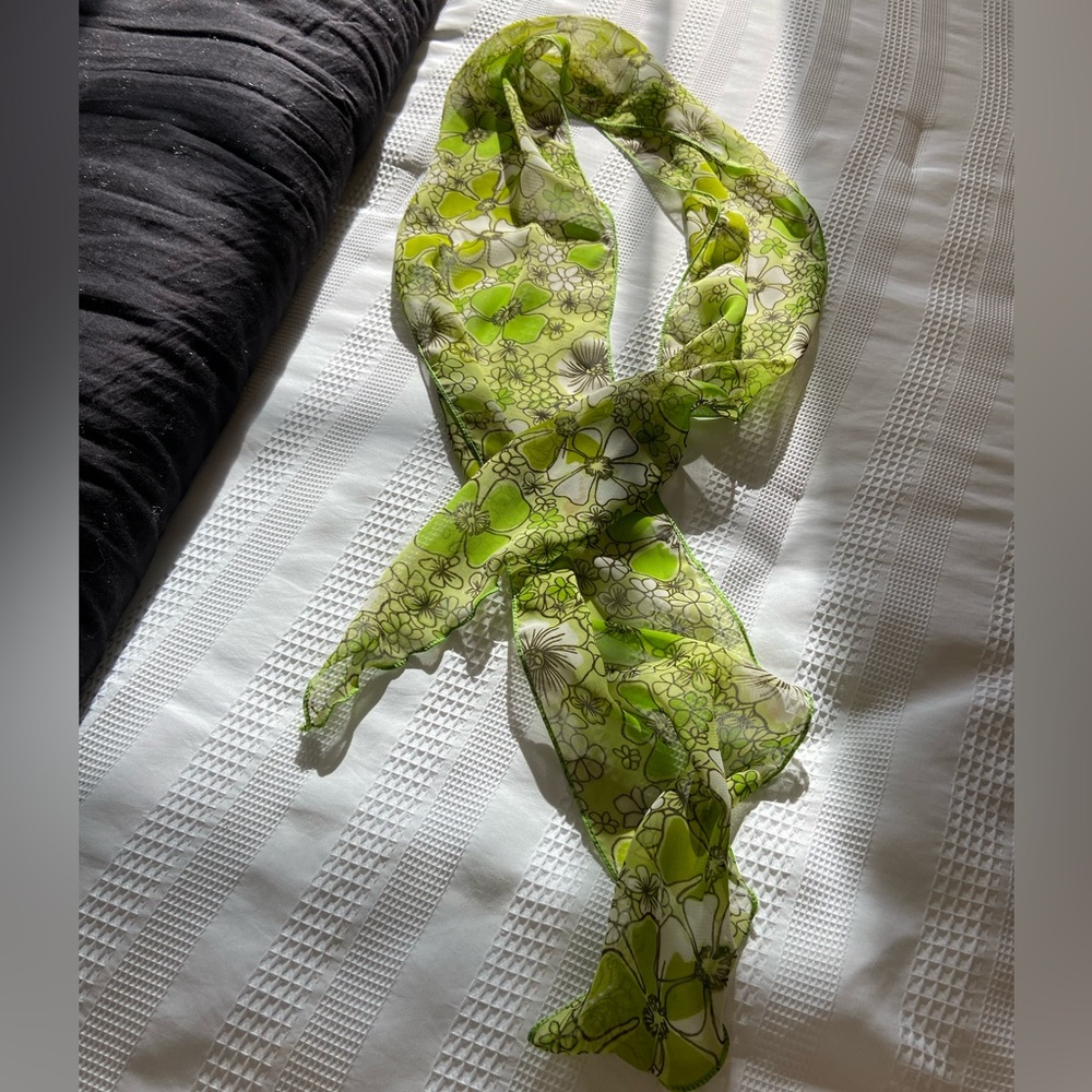 long narrow scarf semi sheer green white flowers boho mod